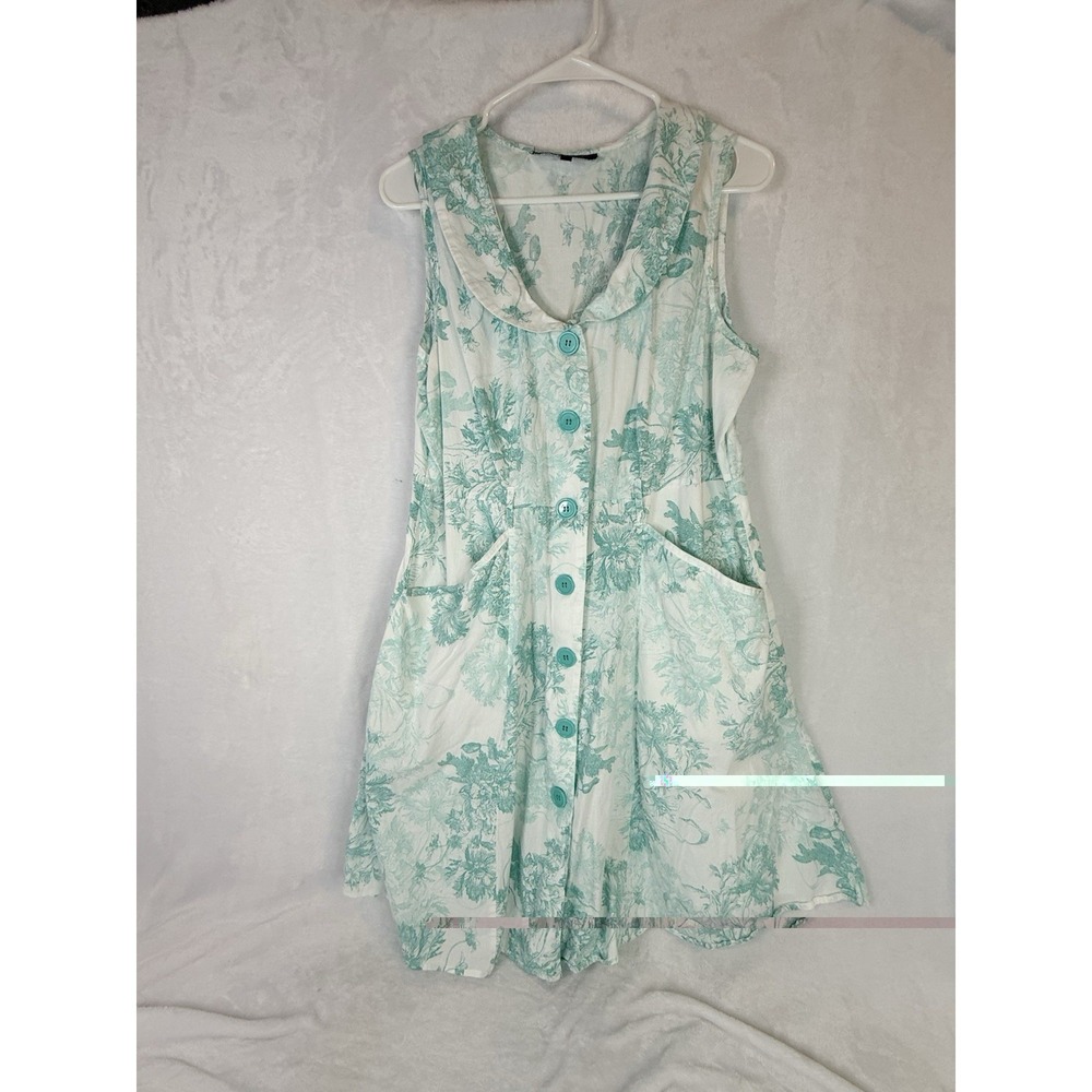 Mlle Gabrielle Mint Toile Floral Tunic Dress XL Cottagecore Button Front Pockets